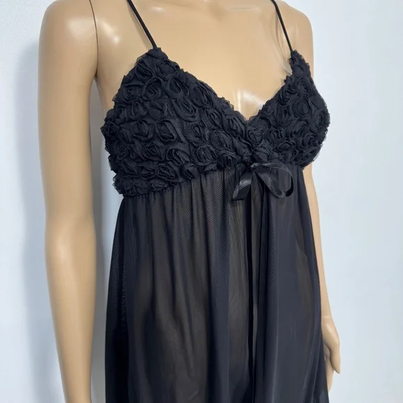 Vintage Y2K La Vie En Rose Rosette & Black Mesh Sheer Babydoll Teddy Size M - Picture 1 of 9